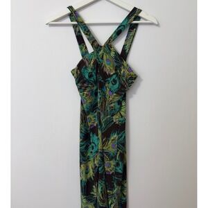 MCM Modern Culture Mix Peacock Feather Dress L Brown Teal Green Art Deco Boho